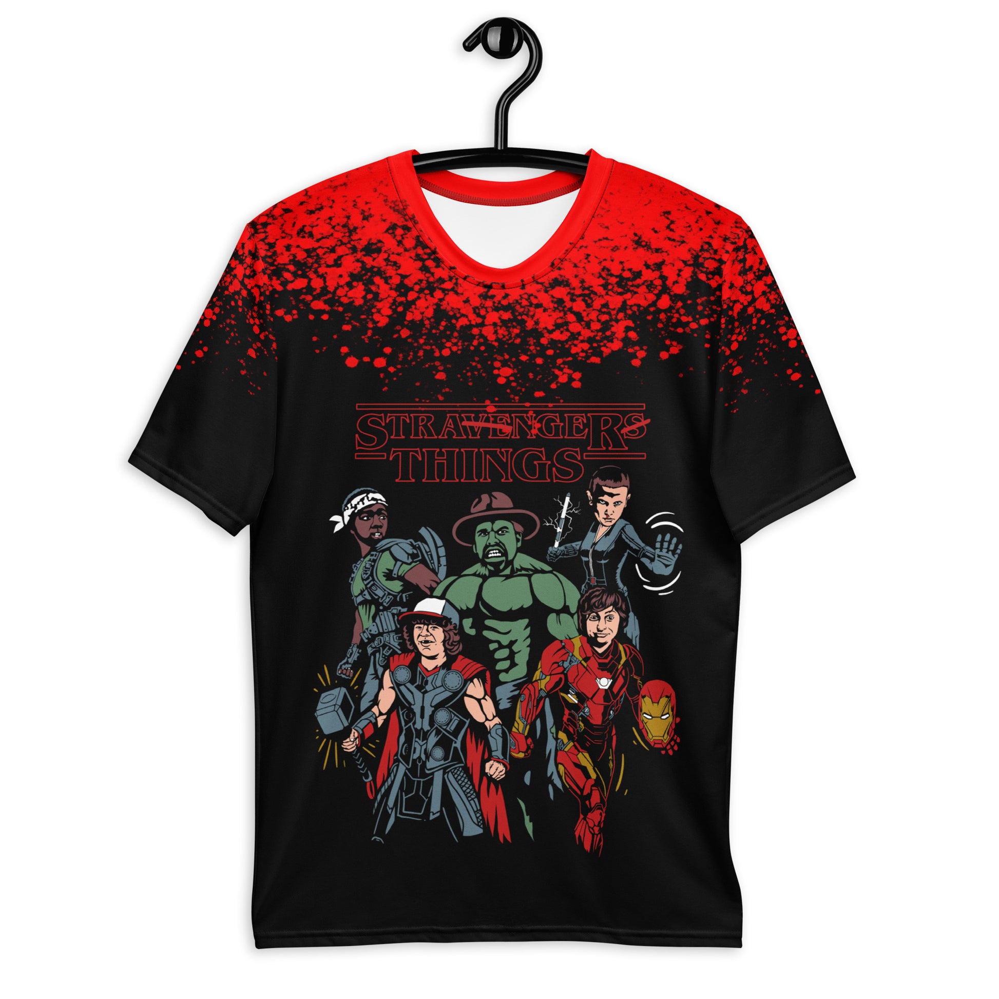 Men's super mashup t-shirt, comic book heroes graphic, vibrant crossover character shirt.