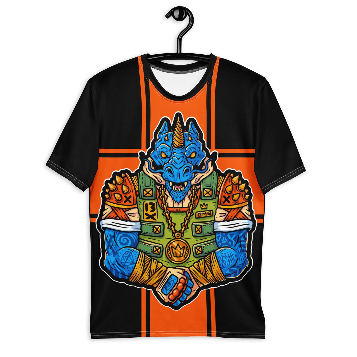 Men's "Warrior Rhino" graphic t-shirt, warrior rhinoceros design, colorful graphic shirt, bold futuristic tee.