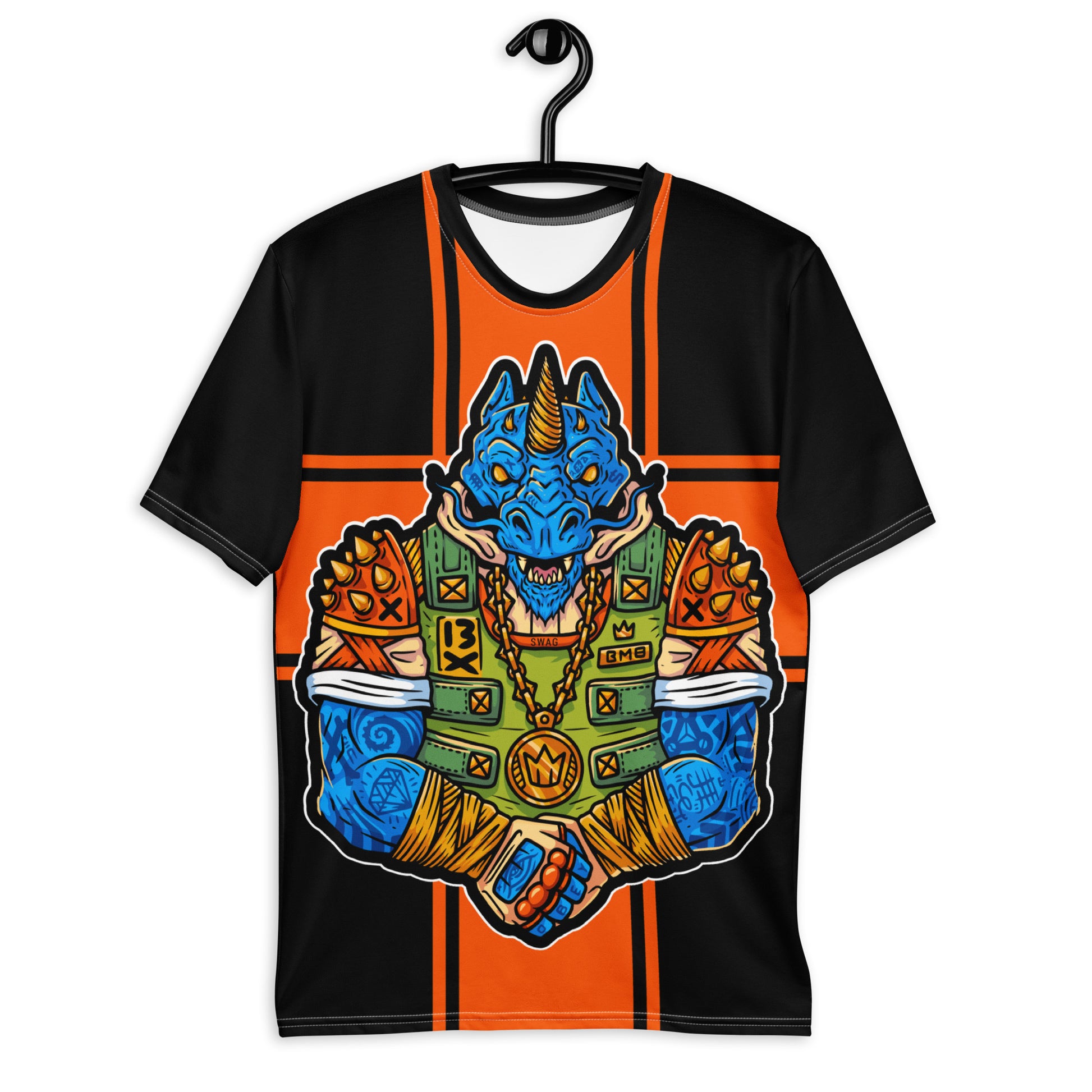 Men's "Warrior Rhino" graphic t-shirt, warrior rhinoceros design, colorful graphic shirt, bold futuristic tee.