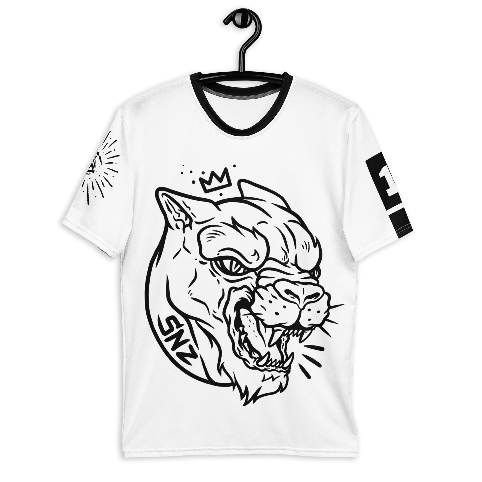 Men's "Royal Panther" graphic t-shirt, fierce panther design, black and white tee, bold graphic shirt.