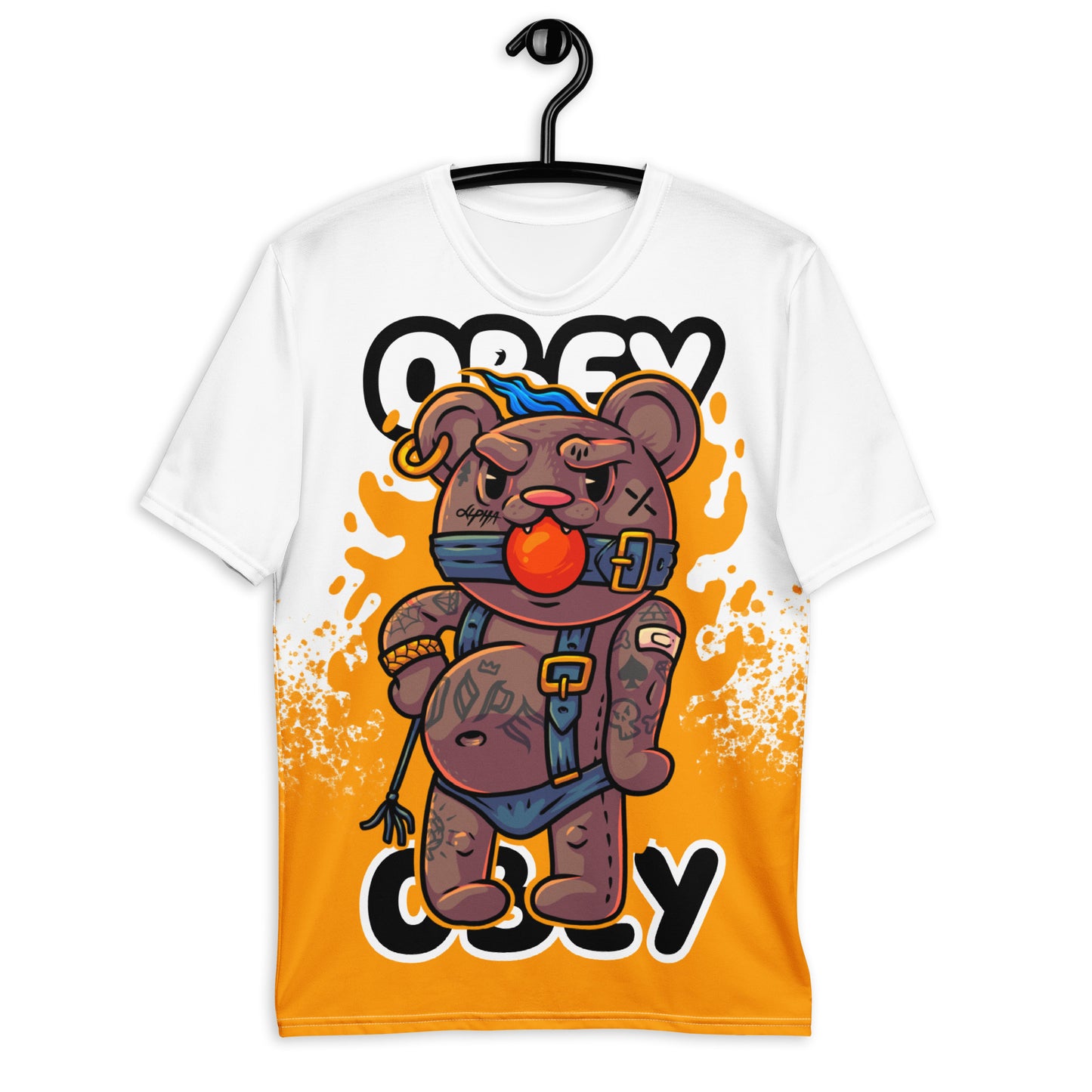 Men's "Obey Bear" graphic t-shirt, provocative bear design, bold graphic tee, vibrant color shirt.