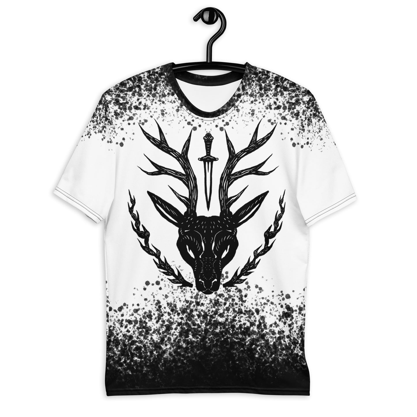 Men's "Mystic Stag" graphic t-shirt, intricate stag design, black and white tee, fantasy animal shirt.