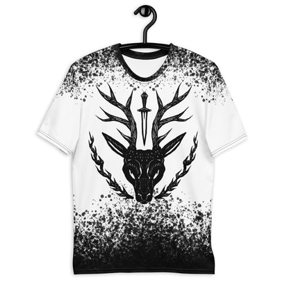 Men's "Mystic Stag" graphic t-shirt, intricate stag design, black and white tee, fantasy animal shirt.