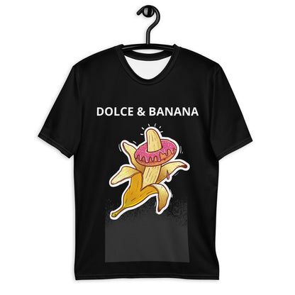 Men's Dolce & Banana t-shirt, playful banana and cupcake graphic, humorous fashion tee.