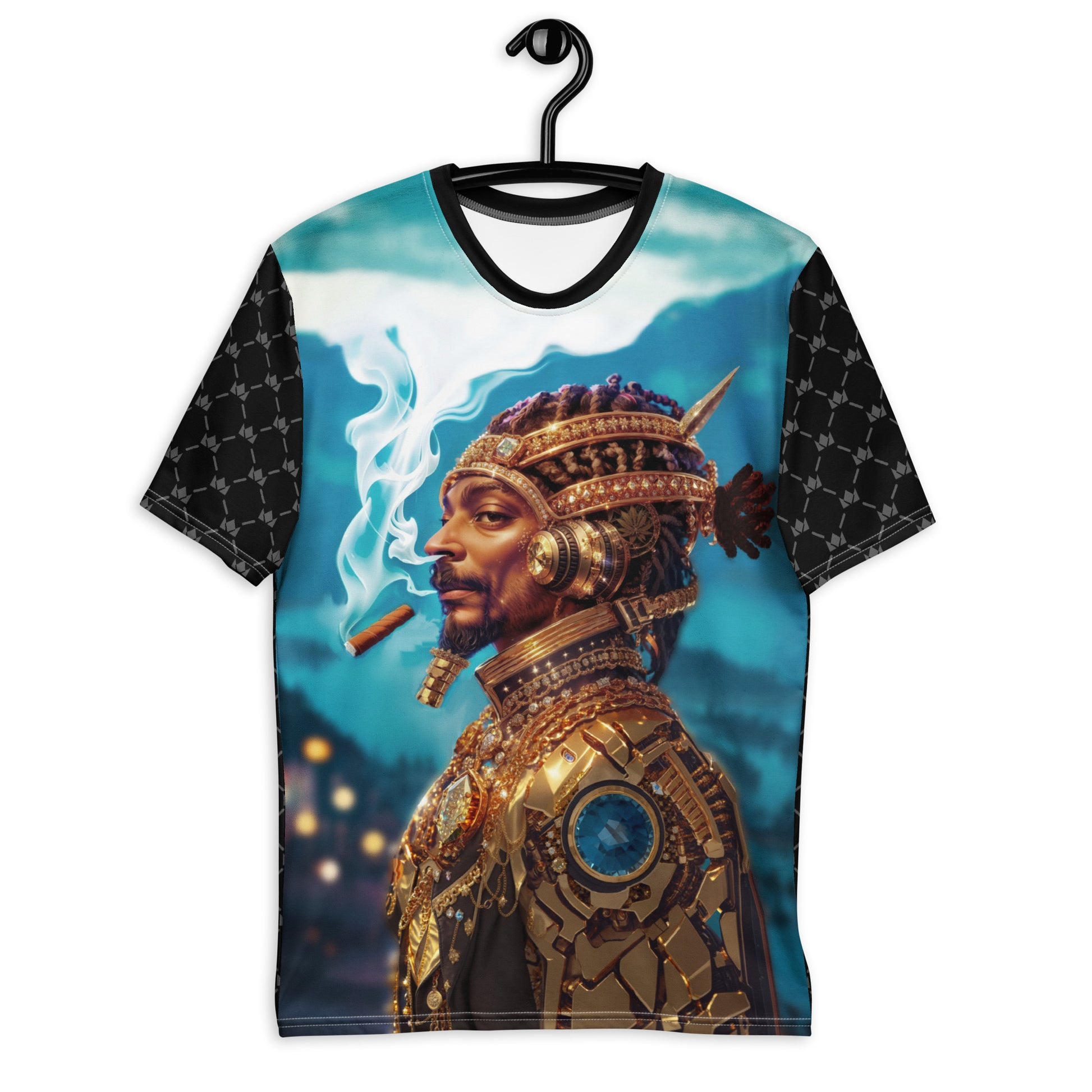 Men's "Regal Cyborg" graphic t-shirt, futuristic cyborg design, intricate graphic tee, vibrant color shirt.