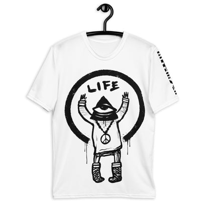 Men's "Life Vision" graphic t-shirt, all-seeing eye design, urban fashion tee, minimalist black and white shirt.