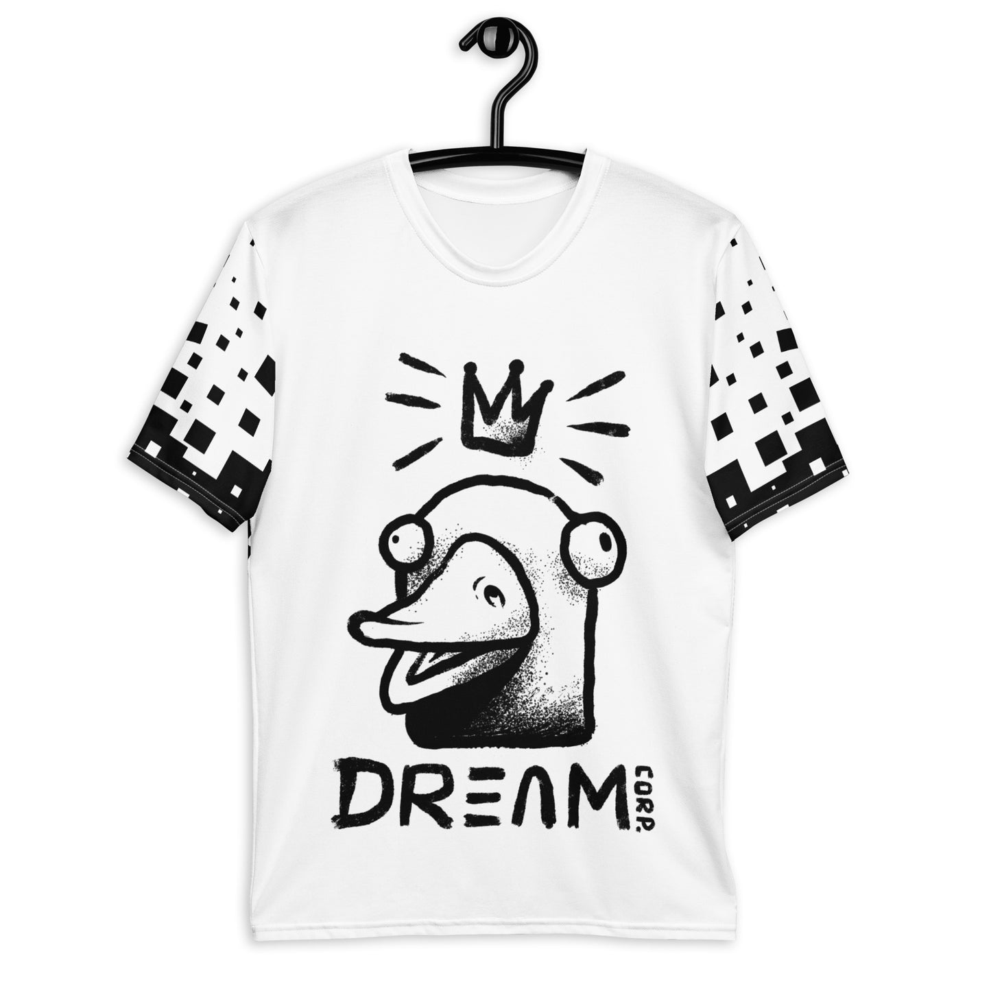 Men's dream crown duck t-shirt, playful crowned duck graphic, inspirational monochrome tee.