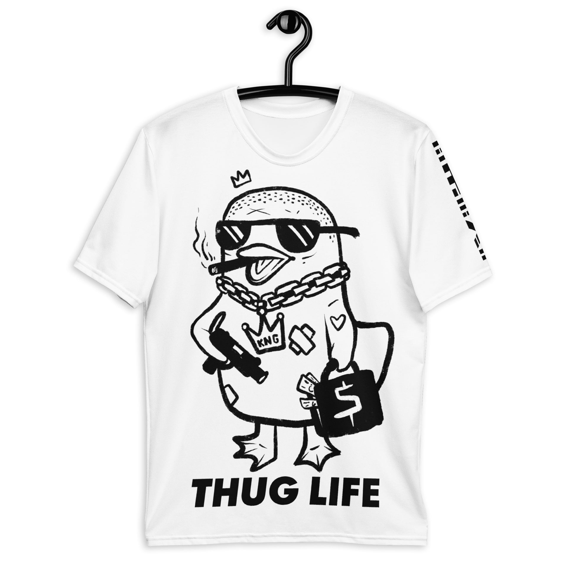 Men's "Thug Life" graphic t-shirt, streetwise pigeon design, edgy graphic tee, black and white shirt.