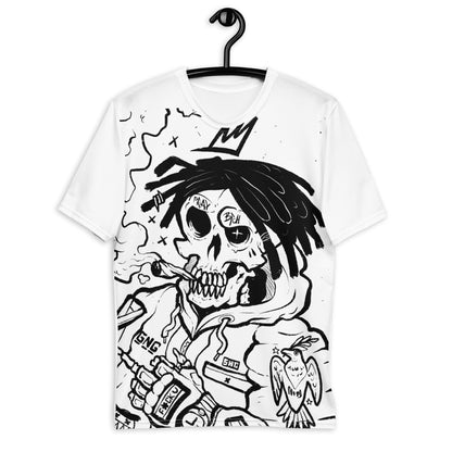 Men's urban rebel skull t-shirt, graffiti-inspired skull graphic, street art style tee.