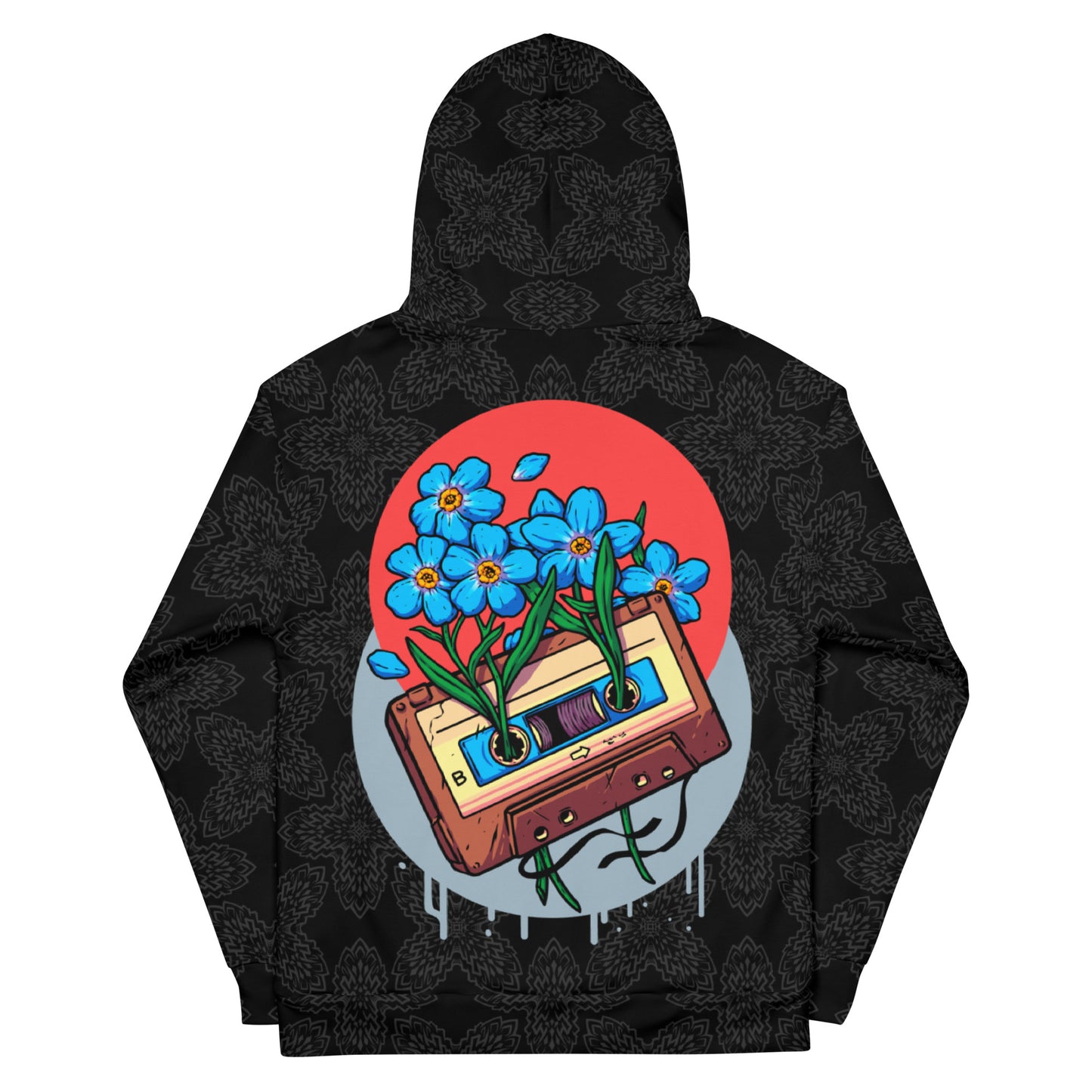 Black Floral Cassette Hoodie, Night Bloom Music Apparel, Snowflake Midnight Hoodie, Dark Botanical Hoodie Design