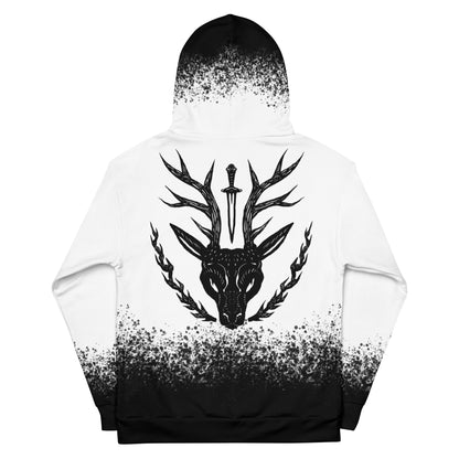 Stag-Inspired Monochrome Urban Hoodie", "Ink-Splatter Design Stag Hoodie for Streetwear Enthusiasts", "Monochrome Hoodie with Striking Stag Emblem