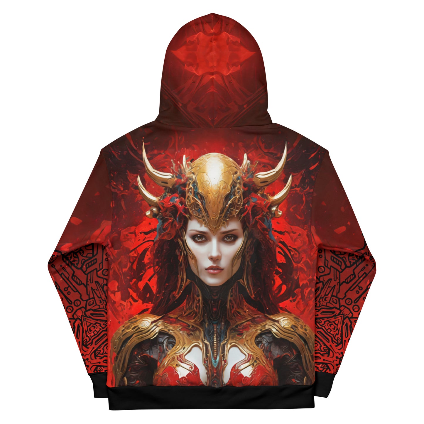 Women's warrior queen hoodie, elaborate golden armor hoodie, powerful female warrior hoodie.