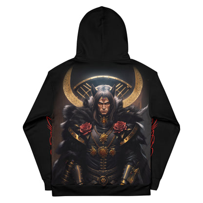 Women's gothic warrior hoodie, dark fantasy armor design, eco-conscious women's dark style hoodie.