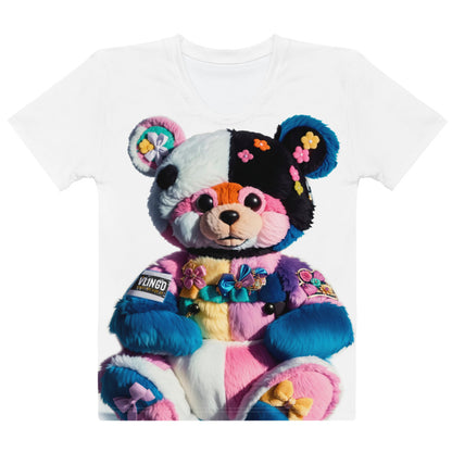 Women's white t-shirt featuring a colorful and creatively designed patchwork bear, full of vibrant patterns and a joyful vibe.