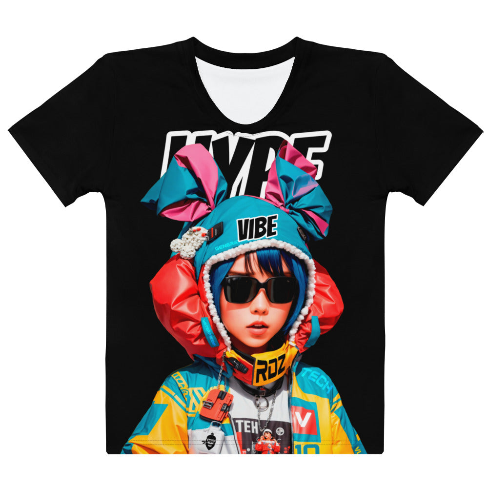 Women's t-shirt with a trendy urban fashion design, showcasing a young style icon in vibrant streetwear, radiating confidence and a strong fashion vibe.