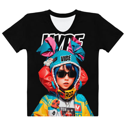 Women's t-shirt with a trendy urban fashion design, showcasing a young style icon in vibrant streetwear, radiating confidence and a strong fashion vibe.