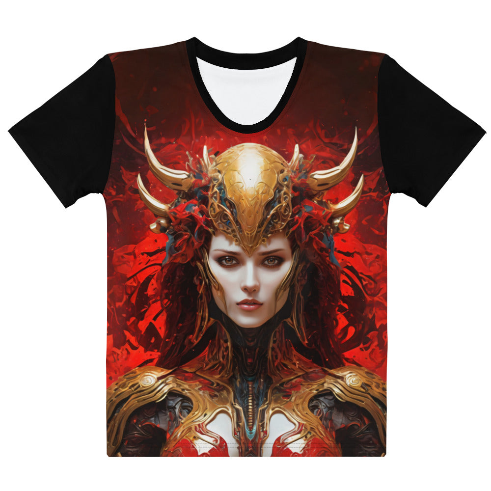 fantasy warrior queen t-shirt, golden armor and horns, mystical battle attire women's top