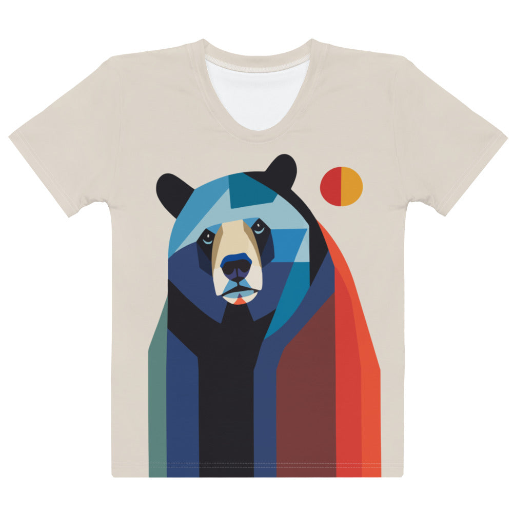 Women's t-shirt showcasing a geometric bear design with a harmonious blend of natural and contemporary elements, perfect for art lovers and adventurers.