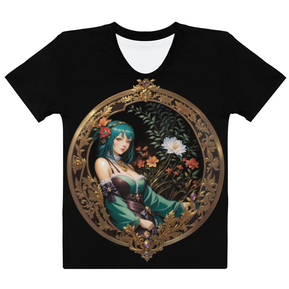 enchanted maiden t-shirt, fantasy garden framed tee, elegant nocturnal bloom top