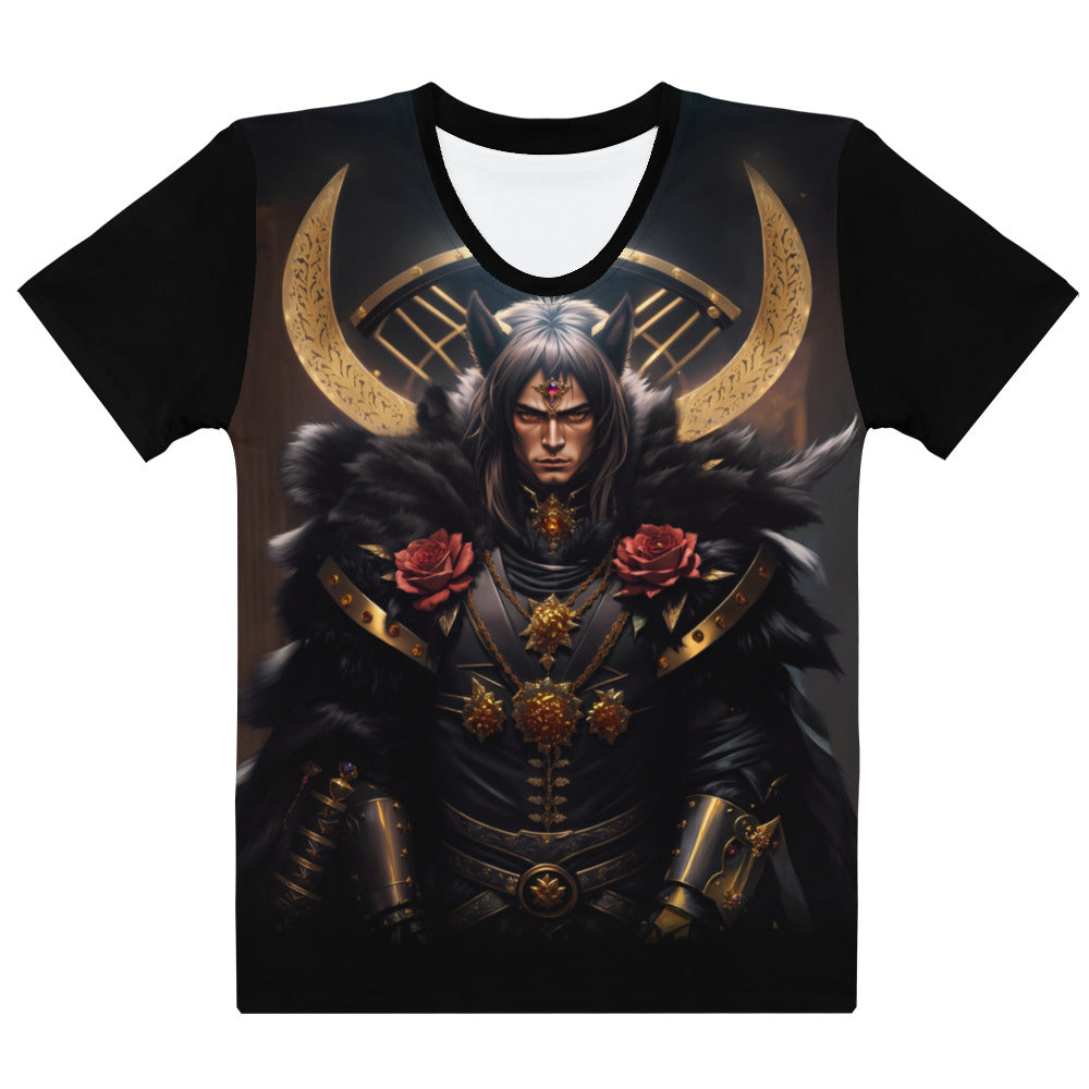 Women's t-shirt with a detailed illustration of a fantasy warrior king, embodying strength and royalty with a touch of mysticism for those who love epic tales.