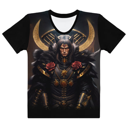 Women's t-shirt with a detailed illustration of a fantasy warrior king, embodying strength and royalty with a touch of mysticism for those who love epic tales.