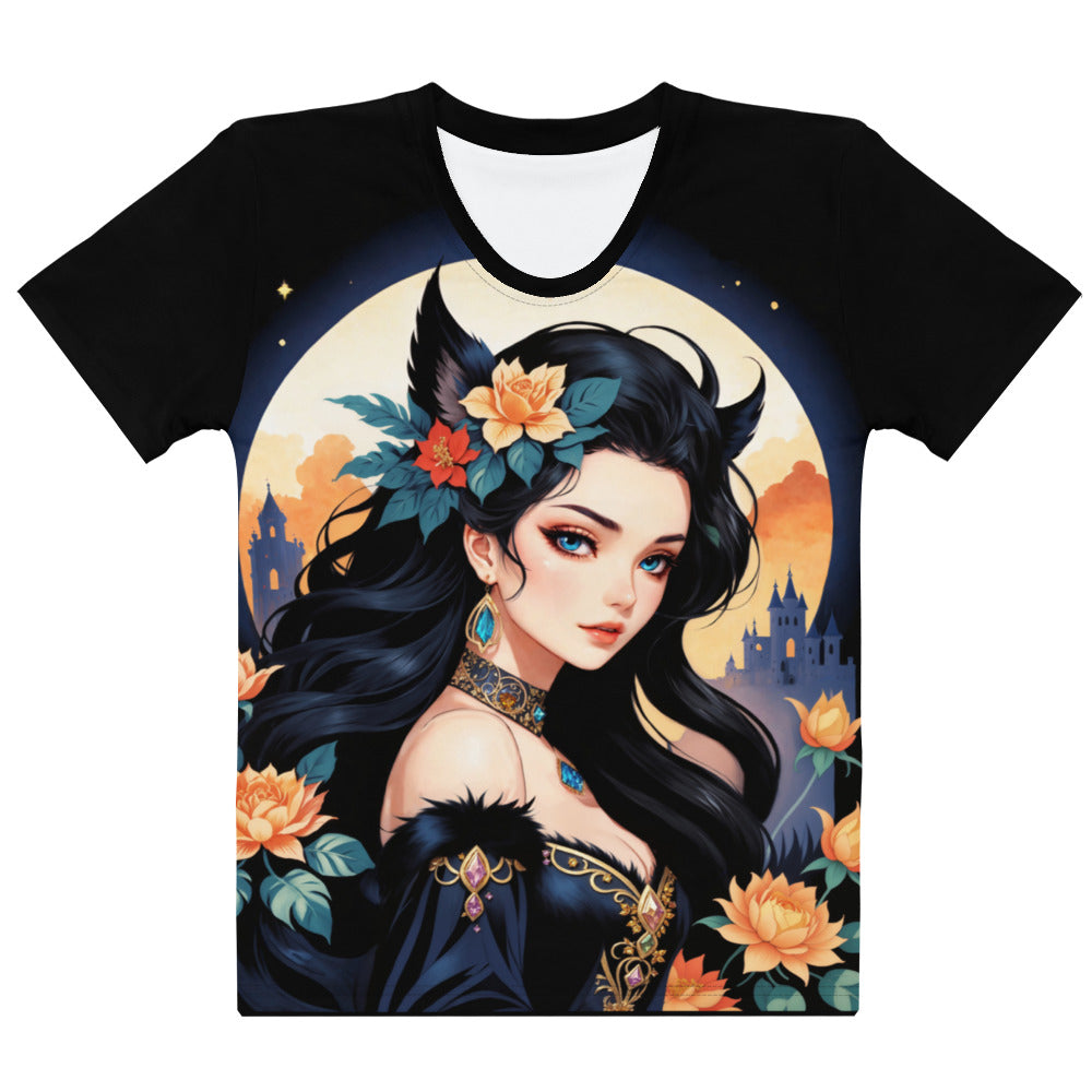 enchanted midnight blossom t-shirt, women's celestial graphic tee, fantasy floral design top.